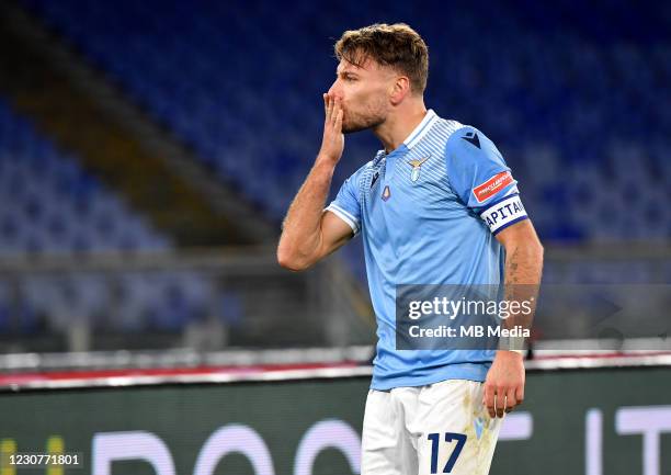 Ciro Immobile of SS Lazio celebrates after scoring his goal during the Serie A match between SS Lazio and US Sassuolo at Stadio Olimpico on January...