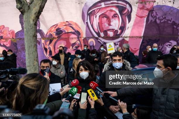 Isabel Serra, member of Podemos party speaks to the press during a protest against the removal proposed by far-right party VOX of a feminist mural...