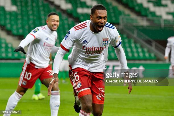 Lyon's Brazilian defender Marcelo celebrates after scoring during the French L1 football match between Saint-Etienne and Lyon at The Geoffroy...
