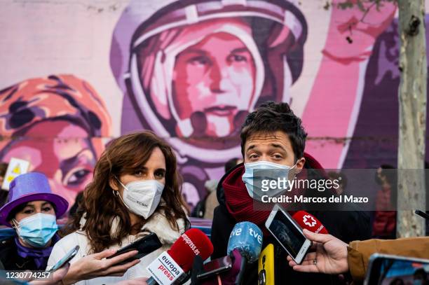 Iñigo Errejon and Monica Garcia of Mas Madrid party member of Podemos party speaks to the press during a protest against the removal proposed by...