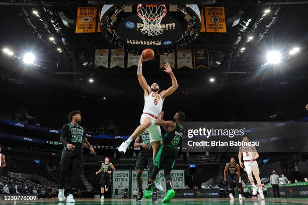 JaVale McGee of the Cleveland Cavaliers shoots the ball during the game against the Boston Celtics on January 24, 2021 at the TD Garden in Boston,...