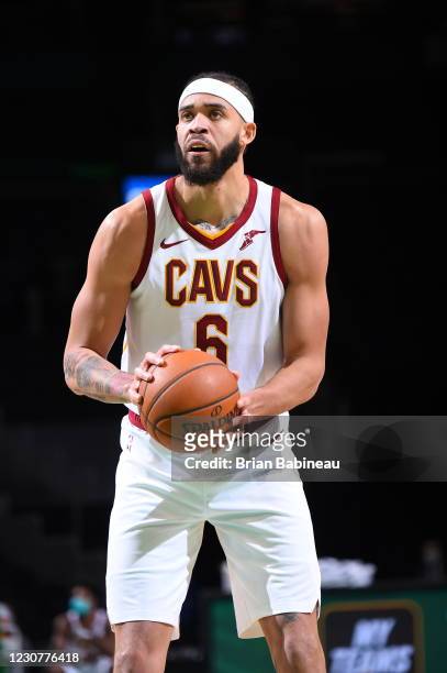 JaVale McGee of the Cleveland Cavaliers looks on during the game against the Boston Celtics on January 24, 2021 at the TD Garden in Boston,...