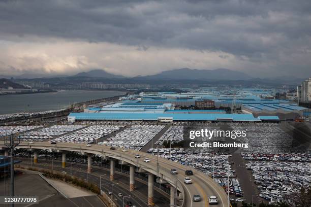 Hyundai Motor Co. Vehicles bound for shipment parked at the company's Ulsan plant lot in Ulsan, South Korea, on Sunday, Jan. 24, 2021. South Korea is...