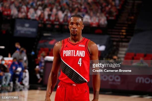 Harry Giles III of the Portland Trail Blazers looks on during the game against the New York Knicks on January 24, 2021 at the Moda Center Arena in...
