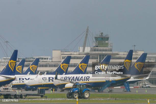 Ryanair planes seen grounded at Dublin Airport during Level 5 Covid-19 lockdown. On Sunday, 24 January in Dublin, Ireland.