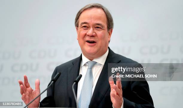 Armin Laschet, chairman of Germany's conservative Christian Democratic Union party, addresses the media during a press conference at the party's...