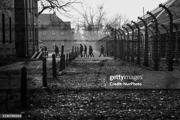 Image was converted to black and white) Visitors at the former Nazi German Auschwitz I concentration and extermination camp in Oswiecim, Poland on...