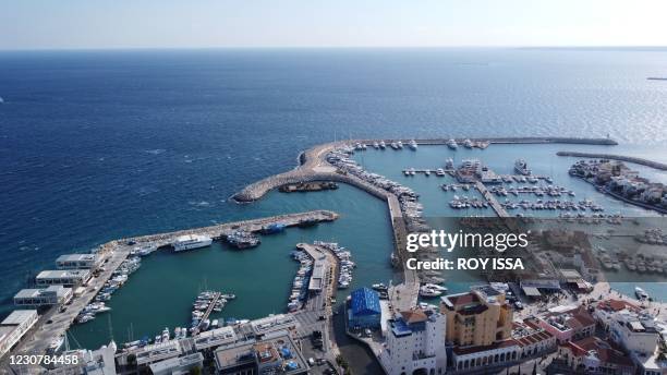 An aerial view taken on January 22, 2021 shows the new marina of the southern Cypriot port of Limassol.
