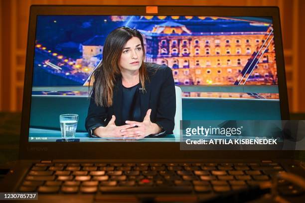 Picture taken on January 18, 2020 shows Hungarian Justice Minister Judit Varga giving an interview for the Hungarian news television network, the...