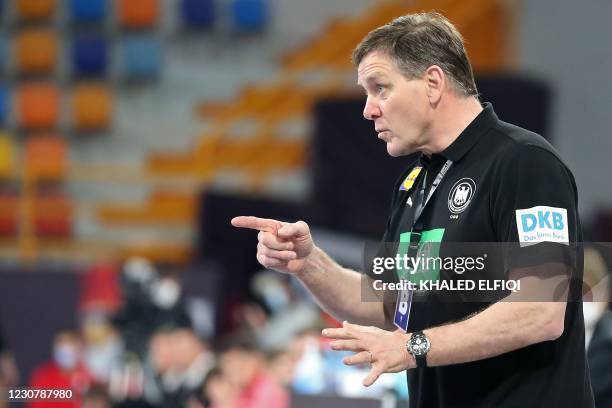 Germany's Icelandic coach Alfred Gislason gestures during the 2021 World Men's Handball Championship match between Group I teams Poland and Germany...