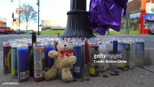 Memorial is set up in Boston's Dorchester, at Washington and Bowdoin streets on Jan. 24 where a woman was fatally shot Friday, January 22, 2021.