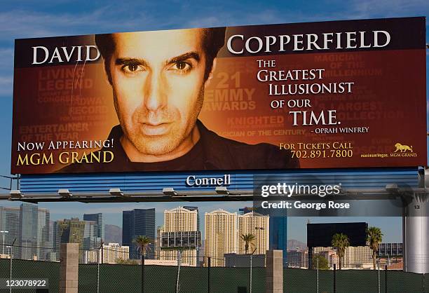 Large outdoor billboard near McCarran International Airport promotes a David Copperfield show at the MGM Grand Hotel on August 12 in Las Vegas,...