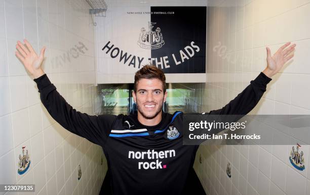 Davide Santon poses after signing for Newcastle United from Inter Milan at St James' Park on August 30, 2011 in Newcastle, United Kingdom.