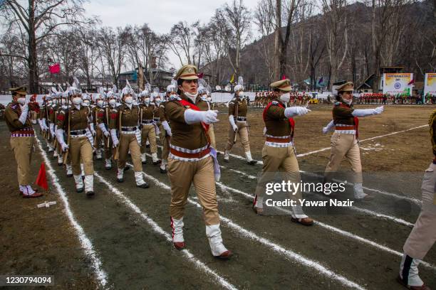 Contingent of Indian police women parade at the Sher- i- Kashmir stadium where the authorities held the main function, during India's Republic Day...