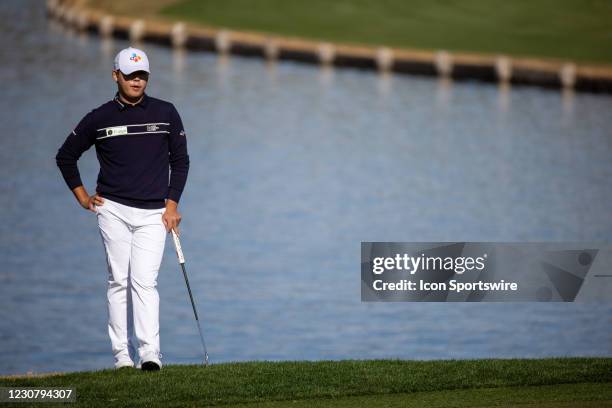 Si Woo Kim hits a shot during the final round of The American Express PGA Tournament on January 24 at PGA West Pete Dye Stadium Course in La Quinta,...