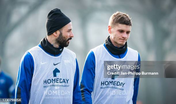 Marvin Plattenhardt and Marton Dardai of Hertha BSC during the training session at Schenckendorffplatz on January 26, 2021 in Berlin, Germany.