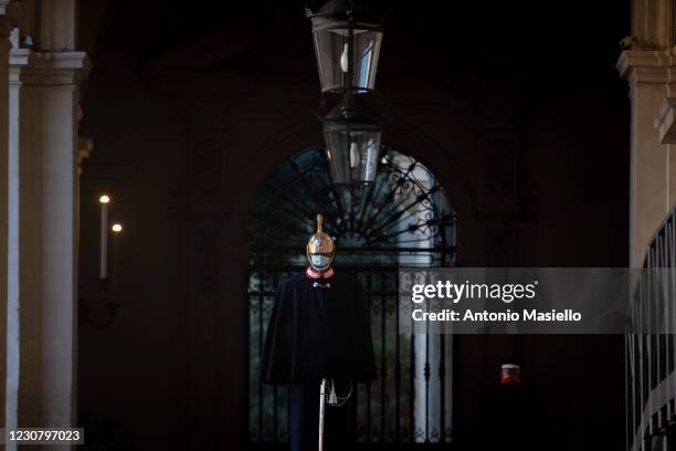 Corazzieri honor guard stands at the Palazzo del Quirinale waiting for Italian Prime Minister Giuseppe Conte to offer his resignation to the Italian...