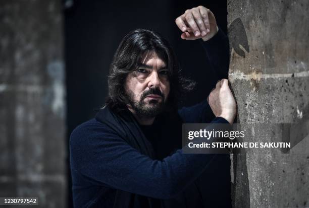 French fashion designer Stephane Rolland poses during the shooting of a film designed to replace Haute Couture fashion shows in Paris on January 18,...