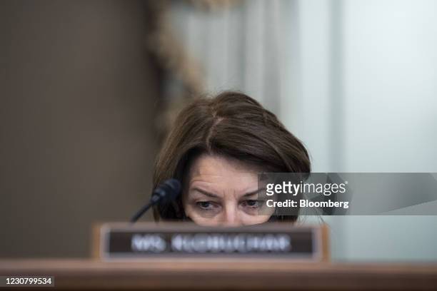 Senator Amy Klobuchar, a Democrat from Minnesota, listens during a Senate Commerce, Science and Transportation Committee confirmation hearing for...