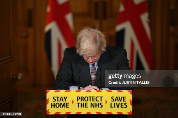 Britain's Prime Minister Boris Johnson looks down at the podium as he attends a virtual press conference on the Covid-19 pandemic, inside 10 Downing...