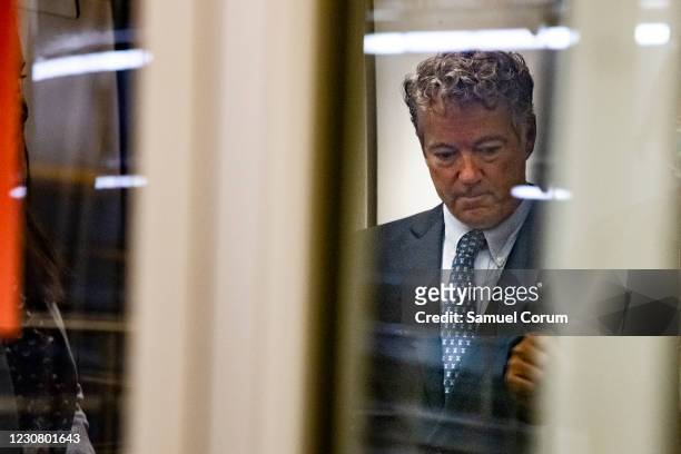 Sen. Rand Paul boards a car in the Senate Subway as he heads to the Republican Policy Luncheon on January 26, 2021 in Washington, DC. Today senators...