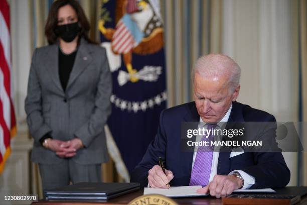 Vice President Kamala Harris watches as US President Joe Biden signs executive orders after speaking on racial equity in the State Dining Room of the...