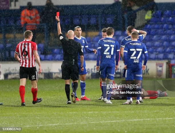 Kayden Jackson of Ipswich is sent off during the Sky Bet League One match between Ipswich Town and Sunderland at Portman Road on January 26, 2021 in...