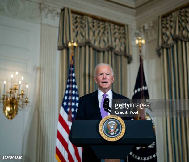 President Joe Biden speaks about his racial equity agenda in the State Dining Room of the White House on January 26, 2021 in Washington, DC....