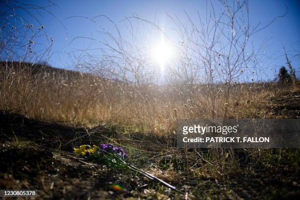 Flowers are seen at a makeshift memorial on January 26, 2021 in Calabasas, California, at the hillside site of a helicopter crash a year ago that...