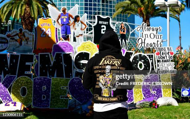 Los Angeles Lakers fan visits a makeshift memorial near Staples Center in Los Angeles, California on January 26, 2021 to mark the one-year...