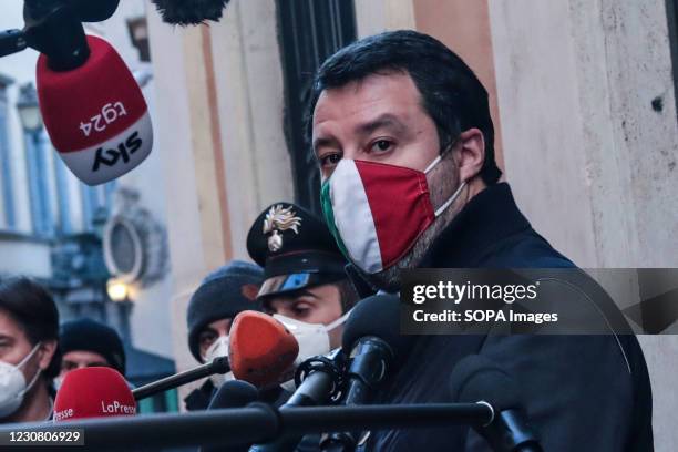 Lega secretary Matteo Salvini speaks to the press at the end of the center-right coalition summit with "Lega", "Forza Italia" and "Fratelli d'Italia"...