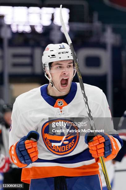Mathew Barzal of the New York Islanders celebrates after scoring a goal against the Washington Capitals in the second period at Capital One Arena on...