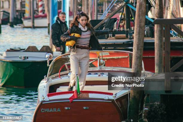 Actress Matilda De Angelis spotted in Venice while she is shooting the latest film by director Paola Ortiz, Across the River and into the Trees...