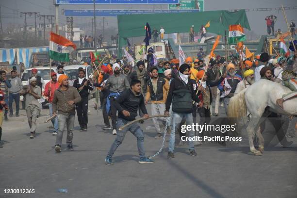 Clash between Farmers and Delhi police during Kissan Gantantra Diwas parade from Singhu Border to Lal Kila in old Delhi during Indian Republic Day.