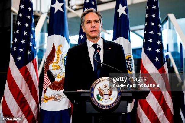 Newly confirmed US Secretary of State Antony Blinken speaks during a welcome ceremony at the State Department in Washington,DC on January 27, 2021.