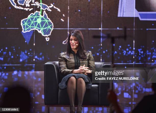 Egypt's Interntaionl Cooperation Minister Rania al-Mashat speaks during the fourth edition of the Future Investment Initiative conference at the...