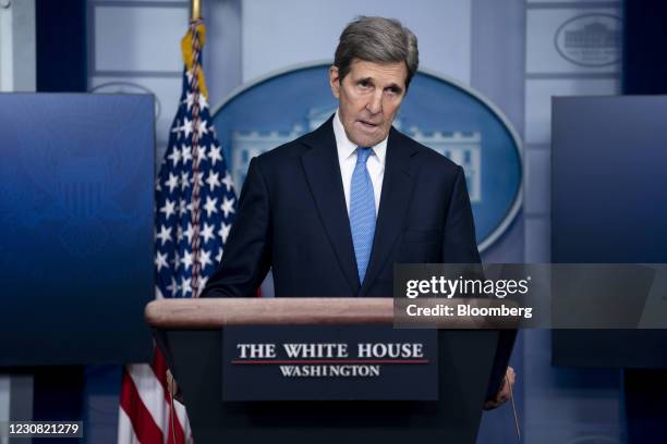 John Kerry, special presidential envoy for climate, speaks during a news conference in the James S. Brady Press Briefing Room at the White House in...