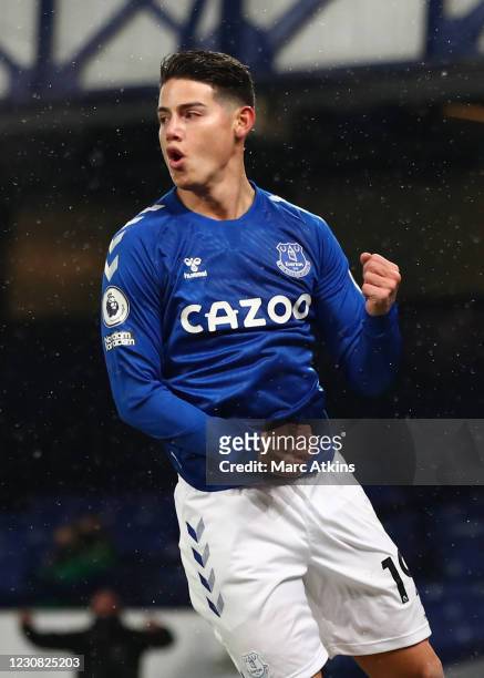 James Rodríguez of Everton celebrates scoring the opening goal during the Premier League match between Everton and Leicester City at Goodison Park on...