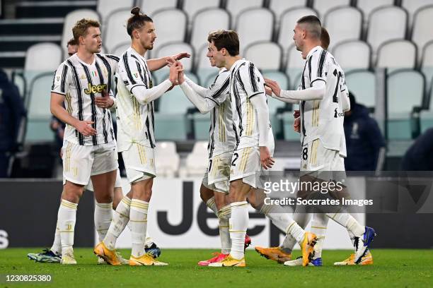 Dejan Kulusevski of Juventus celebrates 3-0 with Federico Chiesa of Juventus, Alessandro di Pardo of Juventus, Merih Demiral of Juventus, Matthijs de...