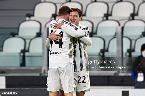 Dejan Kulusevski of Juventus celebrates 3-0 with Federico Chiesa of Juventus during the Italian Coppa Italia match between Juventus v Spal at the...