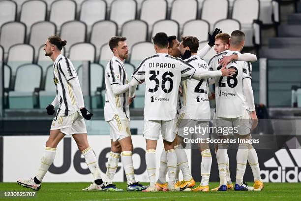 Dejan Kulusevski of Juventus celebrates 3-0 with Federico Chiesa of Juventus, Alessandro di Pardo of Juventus, Merih Demiral of Juventus, during the...