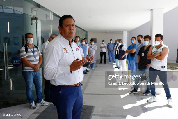 Bernardo Rodriguez Contreras union leader of the Hospital General de Leon speaks during a ceremony to honour the life of Covid-19 frontline workers...