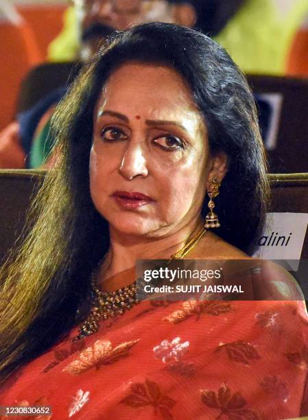 In this picture taken in Mumbai on January 27 Bollywood actress-turned-politician Hema Malini attends the unveiling of anthems for Bharatiya Janata...