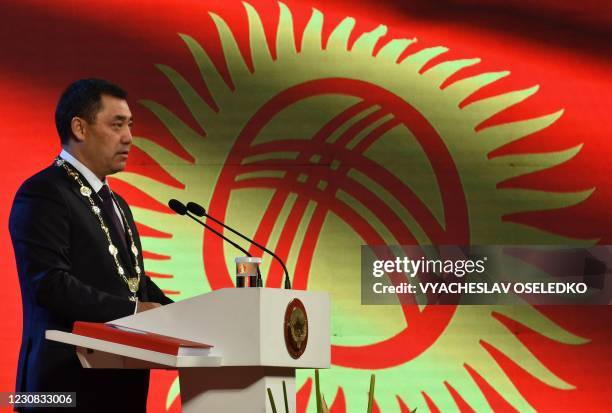 Kyrgyzstan's President-elect Sadyr Japarov gives a speech during his inauguration ceremony in Bishkek on January 28, 2021.