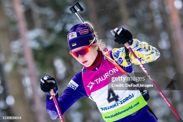 Ekaterina Bekh of Ukraine in action competes during the Women 15 km Individual Competition at the IBU Open European Championships Duszniki Zdroj at...