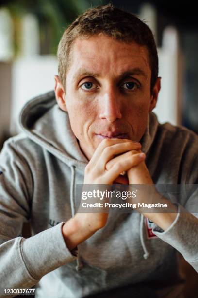 Portrait of Irish professional road racing cyclist Dan Martin, photographed in Belgium on April 25, 2019.
