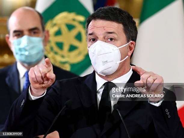 "Italia Viva" party leader Matteo Renzi answers journalists' questions at the Quirinale palace in Rome on January 28 after a meeting with the Italian...