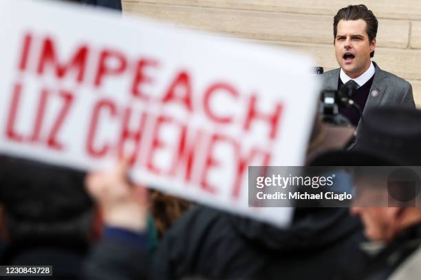 Rep. Matt Gaetz speaks to a crowd during a rally against Rep. Liz Cheney on January 28, 2021 in Cheyenne, Wyoming. Gaetz added his voice to a growing...