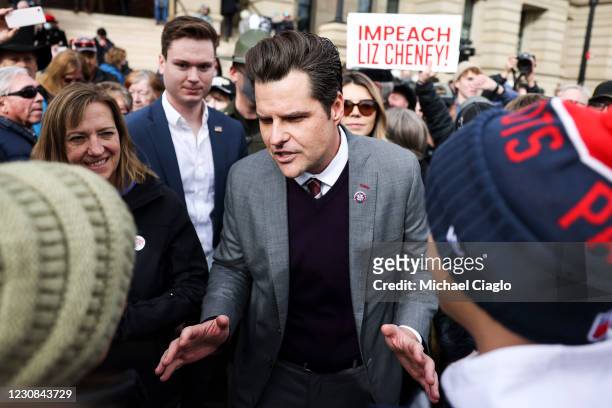 Rep. Matt Gaetz greets supporters after speaking to a crowd during a rally against Rep. Liz Cheney on January 28, 2021 in Cheyenne, Wyoming. Gaetz...