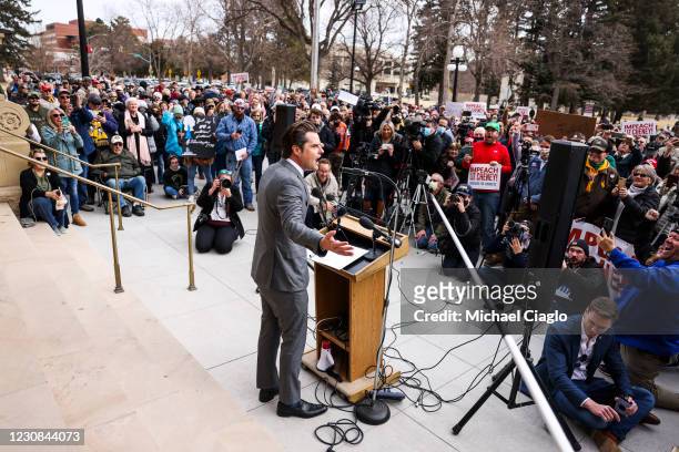 Rep. Matt Gaetz speaks to a crowd during a rally against Rep. Liz Cheney on January 28, 2021 in Cheyenne, Wyoming. Gaetz added his voice to a growing...